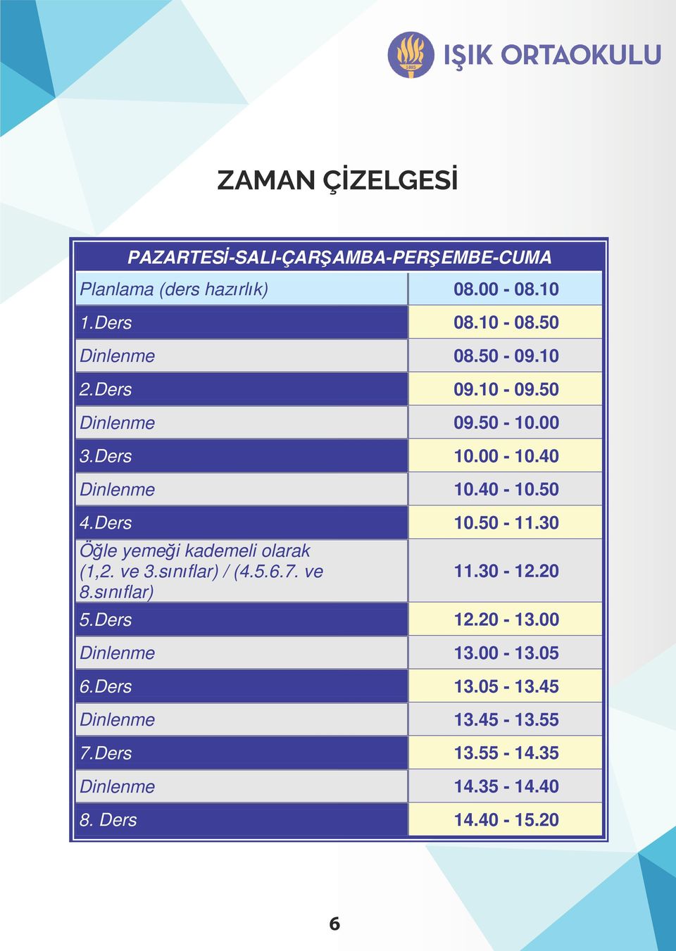 30 Öğle yemeği kademeli olarak (1,2. ve 3.sınıflar) / (4.5.6.7. ve 8.sınıflar) 11.30 12.20 5.Ders 12.20 13.