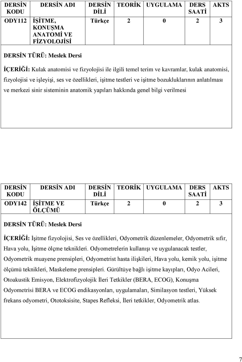 2 3 TÜRÜ: Meslek Dersi İÇERİĞİ: İşitme fizyolojisi, Ses ve özellikleri, Odyometrik düzenlemeler, Odyometrik sıfır, Hava yolu, İşitme ölçme teknikleri.