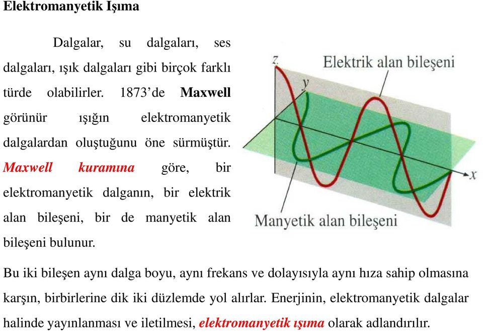 Maxwell kuramına göre, bir elektromanyetik dalganın, bir elektrik alan bileşeni, bir de manyetik alan bileşeni bulunur.