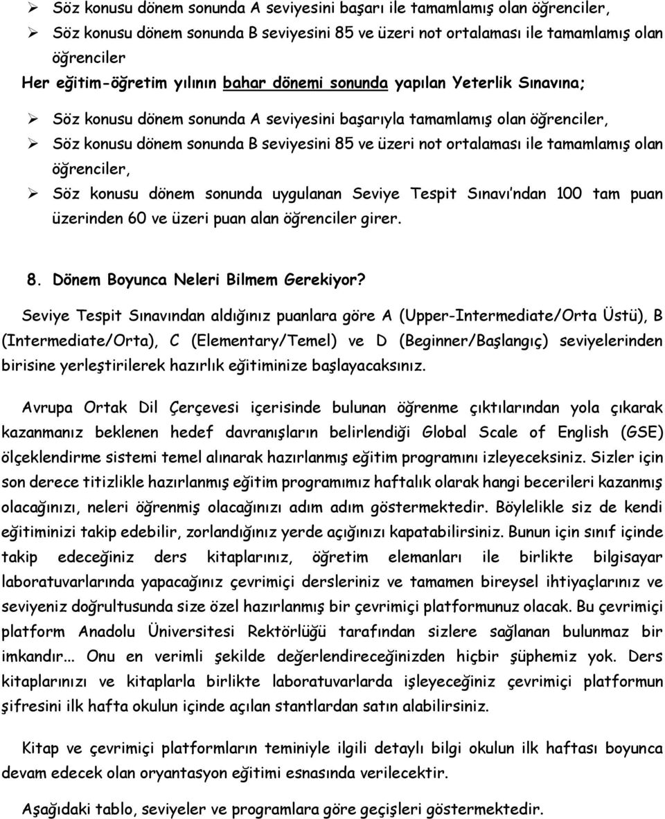 öğrenciler, Söz knusu dönem snunda uygulanan Seviye Tespit Sınavı ndan 100 tam puan üzerinden 60 ve üzeri puan alan öğrenciler girer. 8. Dönem Byunca Neleri Bilmem Gerekiyr?