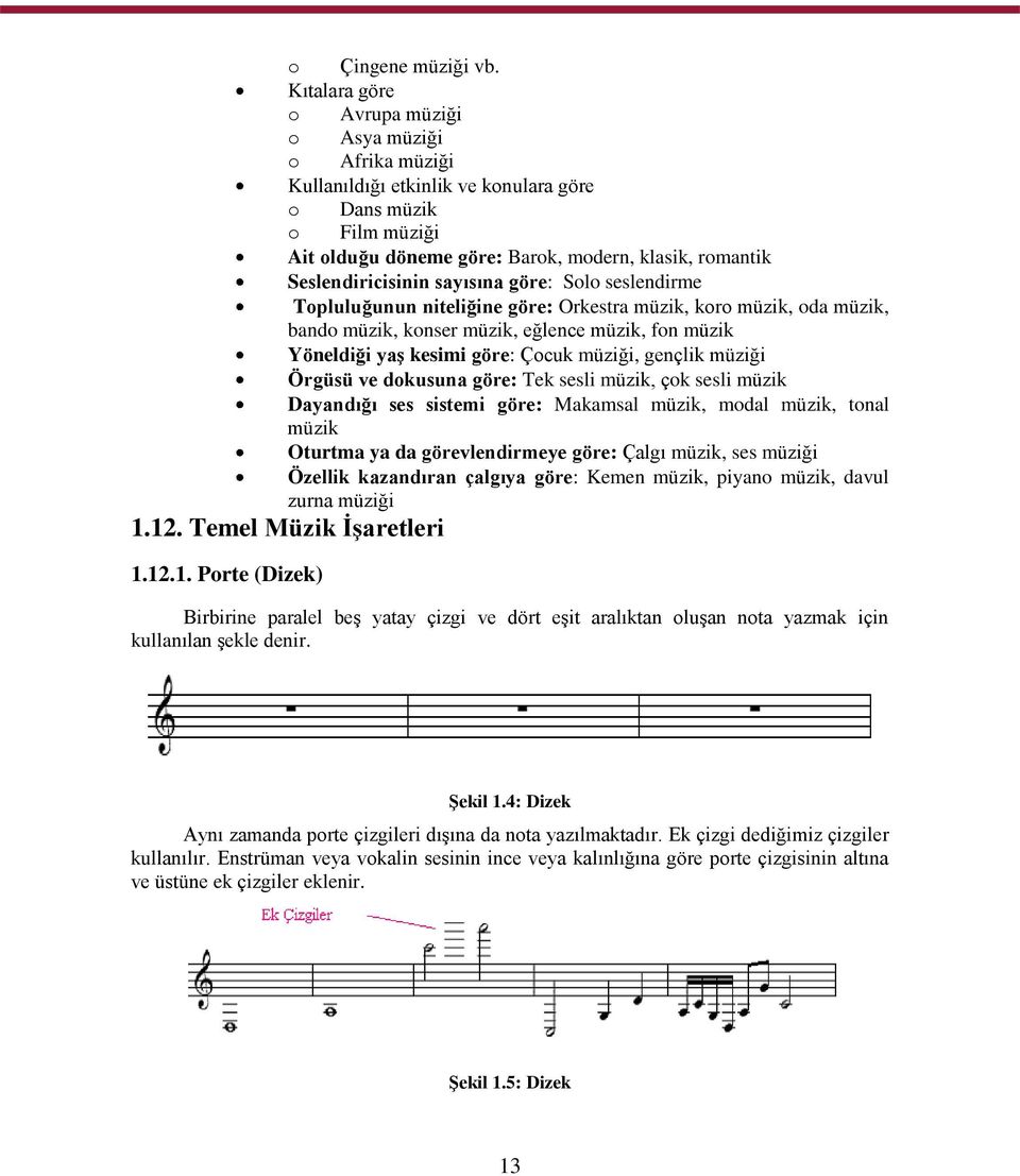 sayısına göre: Solo seslendirme Topluluğunun niteliğine göre: Orkestra müzik, koro müzik, oda müzik, bando müzik, konser müzik, eğlence müzik, fon müzik Yöneldiği yaģ kesimi göre: Çocuk müziği,