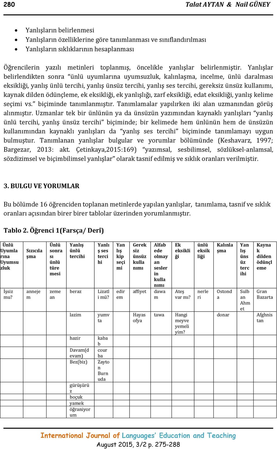 lar belirlendikten sonra ünlü uyumlarına uyumsuzluk, kalınlaşma, incelme, ünlü daralması eksikliği, yanlış ünlü, yanlış ünsüz, yanlış ses, gereksiz ünsüz kullanımı, kaynak dilden ödünçleme, ek