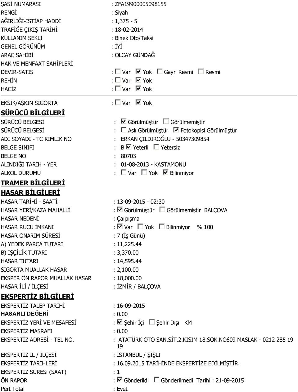 Aslı Görülmüştür Fotokopisi Görülmüştür ADI SOYADI - TC KİMLİK NO : ERKAN ÇILDIROĞLU - 50347309854 BELGE SINIFI : B Yeterli Yetersiz BELGE NO : 80703 ALINDIĞI TARİH - YER : 01-08-2013 - KASTAMONU