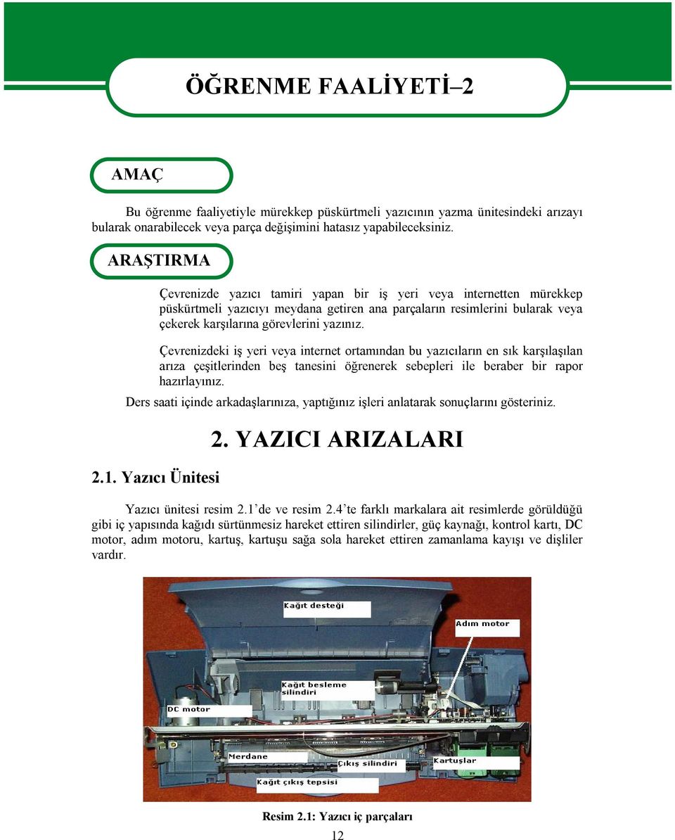 Çevrenizdeki iş yeri veya internet ortamından bu yazıcıların en sık karşılaşılan arıza çeşitlerinden beş tanesini öğrenerek sebepleri ile beraber bir rapor hazırlayınız.