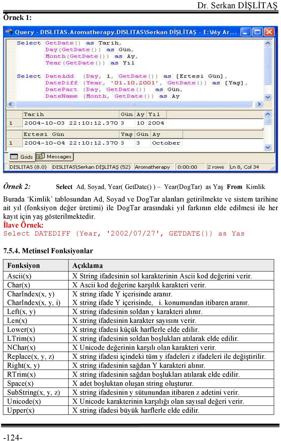 değer üretimi) ile DogTar arasındaki yıl farkının elde edilmesi ile her kayıt için yaş gösterilmektedir. İlave Örnek: Select DATEDIFF (Year, '2002/07/27', GETDATE()) as Yas 7.5.4.