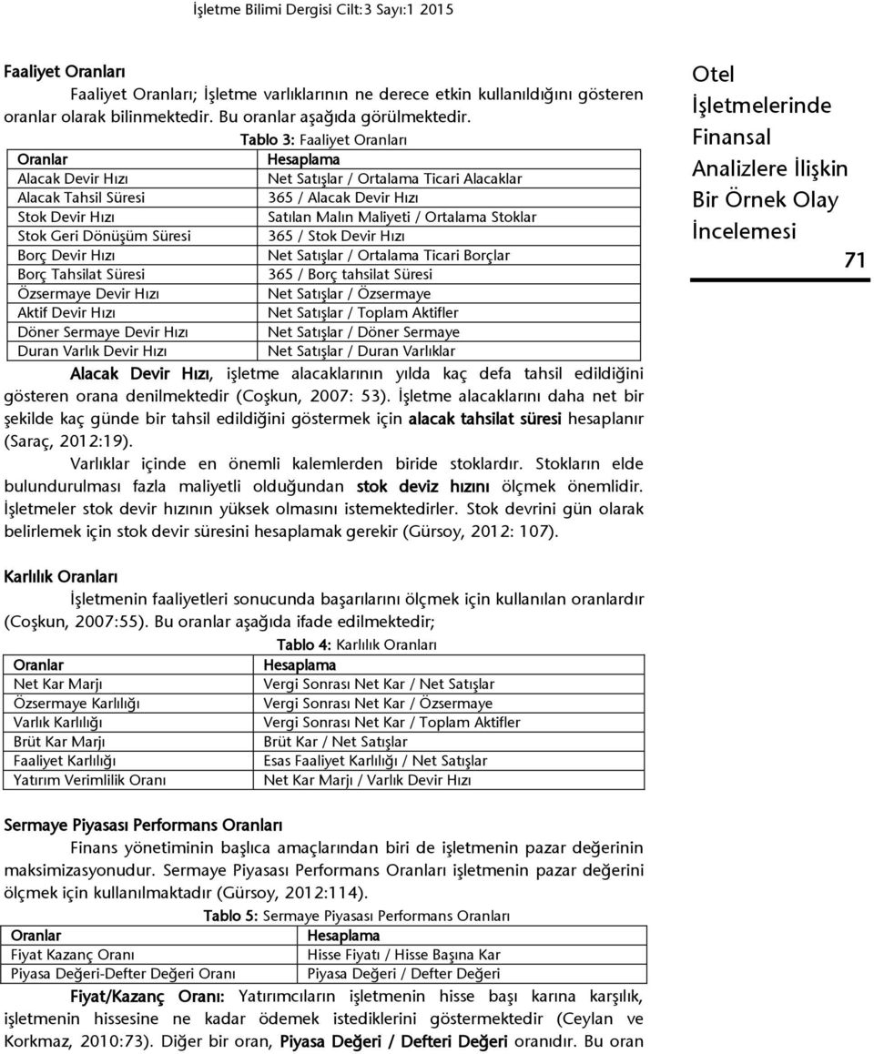 Tablo 3: Faaliyet Oranları Oranlar Hesaplama Alacak Devir Hızı Net Satışlar / Ortalama Ticari Alacaklar Alacak Tahsil Süresi 365 / Alacak Devir Hızı Stok Devir Hızı Satılan Malın Maliyeti / Ortalama
