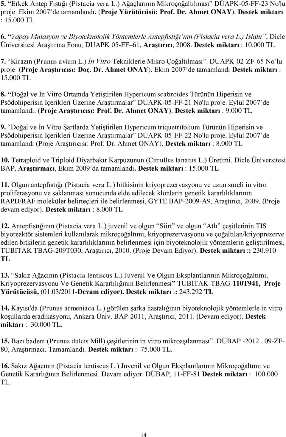 Kirazın (Prunus avium L.) İn Vitro Tekniklerle Mikro Çoğaltılması. DÜAPK-02-ZF-65 No lu proje (Proje Araştırıcısı: Doç. Dr. Ahmet ONAY). Ekim 2007 de tamamlandı Destek miktarı : 15.000 TL 8.