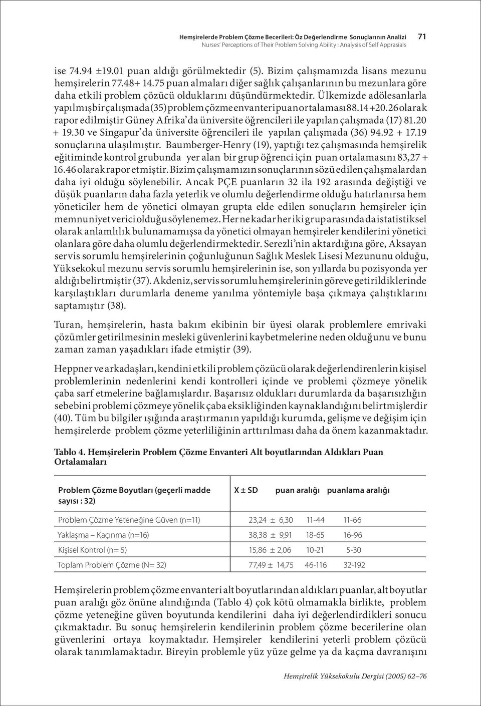 75 puan almaları diğer sağlık çalışanlarının bu mezunlara göre daha etkili problem çözücü olduklarını düşündürmektedir.