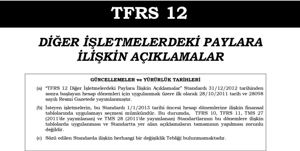 (b) İsteyen işletmelerin, bu Standardı 1/1/2013 tarihi öncesi hesap dönemlerine ilişkin finansal tablolarında uygulamayı seçmesi mümkündür.