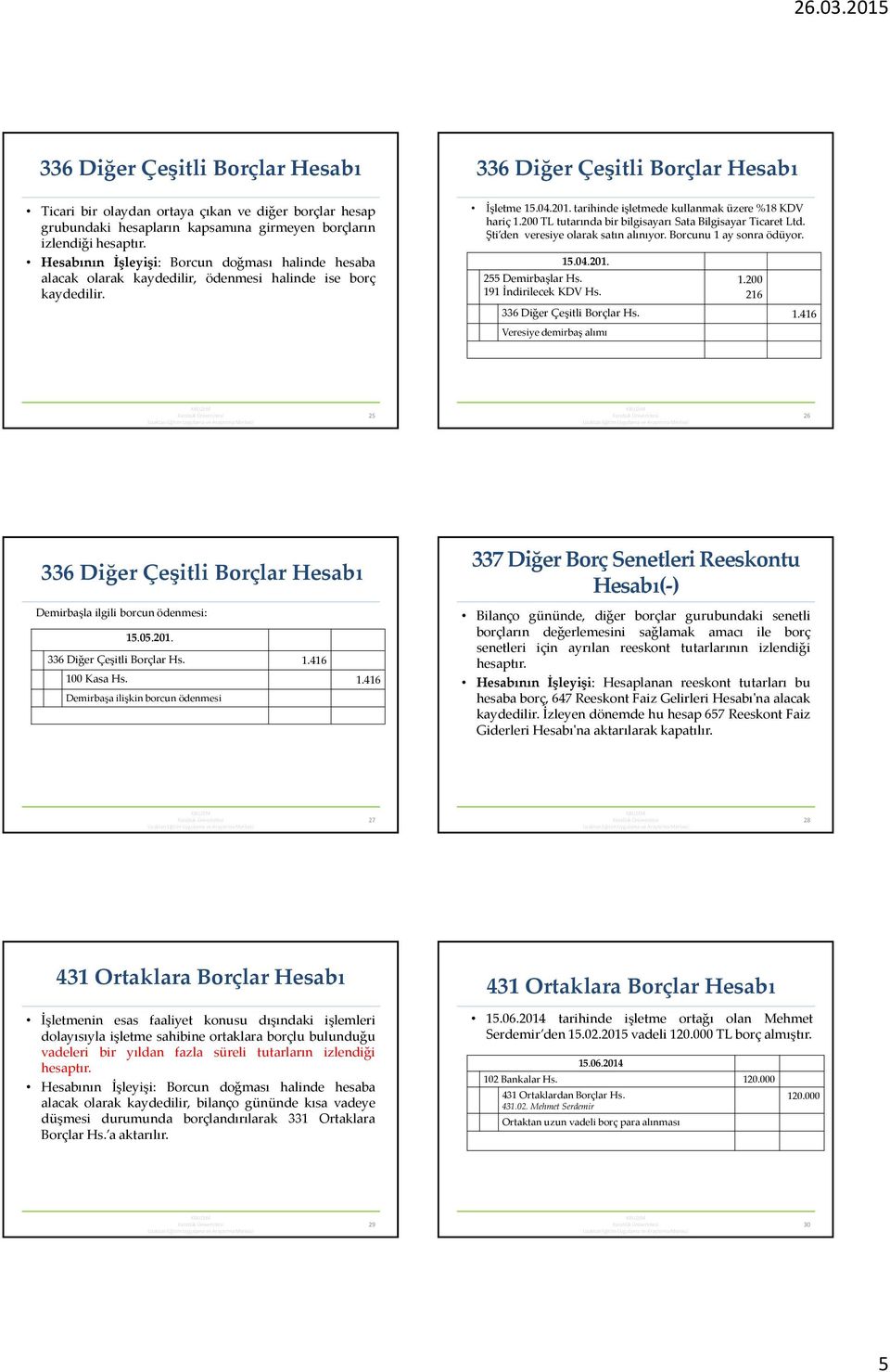 200 TL tutarında bir bilgisayarı Sata Bilgisayar Ticaret Ltd. Şti den veresiye olarak satın alınıyor. Borcunu 1 ay sonra ödüyor. 15.04.201. 255 Demirbaşlar Hs. 191 İndirilecek KDV Hs. 1.200 216 336 Diğer Çeşitli Borçlar Hs.