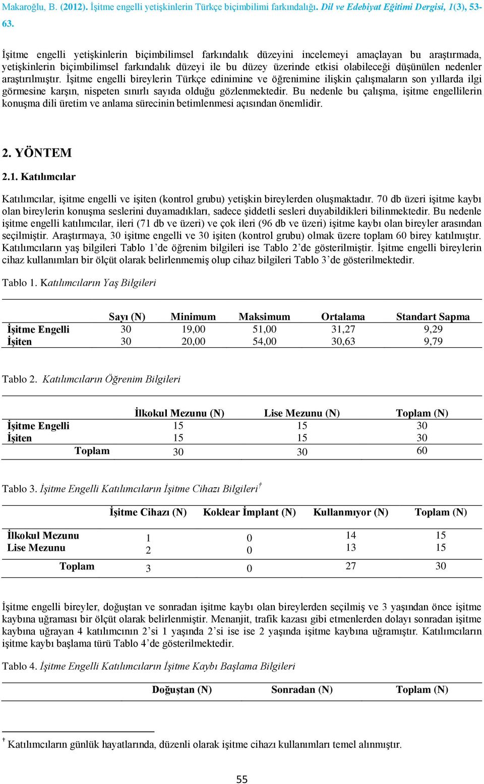 Bu nedenle bu çalışma, işitme engellilerin konuşma dili üretim ve anlama sürecinin betimlenmesi açısından önemlidir.. YÖNTEM.1.