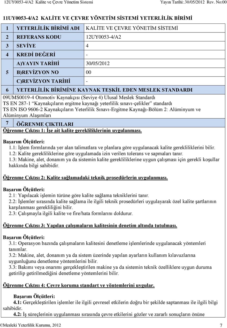 30/05/2012 5 B)REVİZYON NO 00 C)REVİZYON TARİHİ 6 YETERLİLİK BİRİMİNE KAYNAK TEŞKİL EDEN MESLEK STANDARDI 09UMS00194 Otomotiv Kaynakçısı (Seviye 4) Ulusal Meslek Standardı TS EN 2871 Kaynakçıların