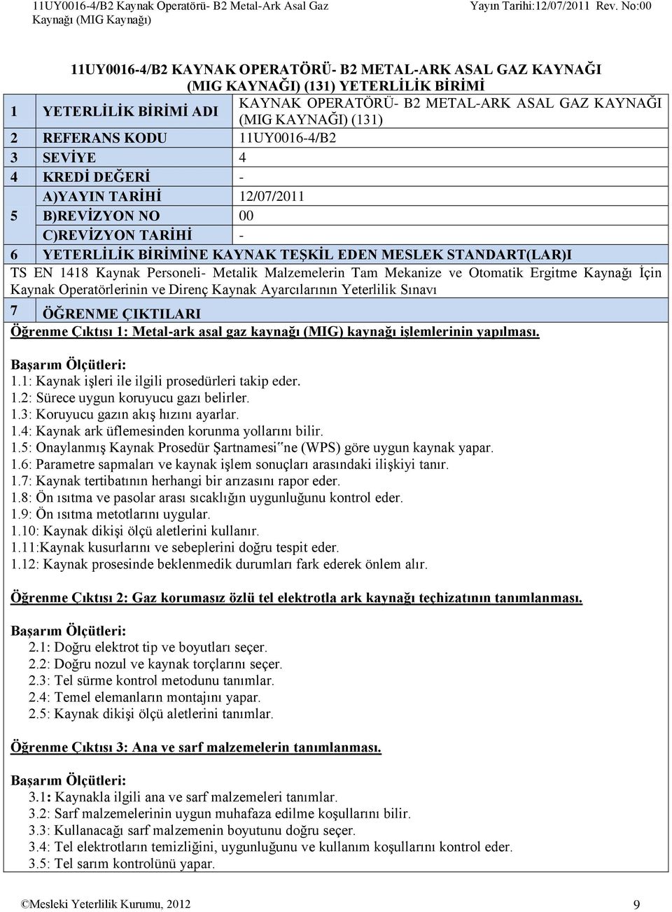 REFERANS KODU 11UY00164/B2 3 SEVİYE 4 4 KREDİ DEĞERİ A)YAYIN TARİHİ 12/07/2011 5 B)REVİZYON NO 00 C)REVİZYON TARİHİ 6 YETERLİLİK BİRİMİNE KAYNAK TEŞKİL EDEN MESLEK STANDART(LAR)I TS EN 1418 Kaynak