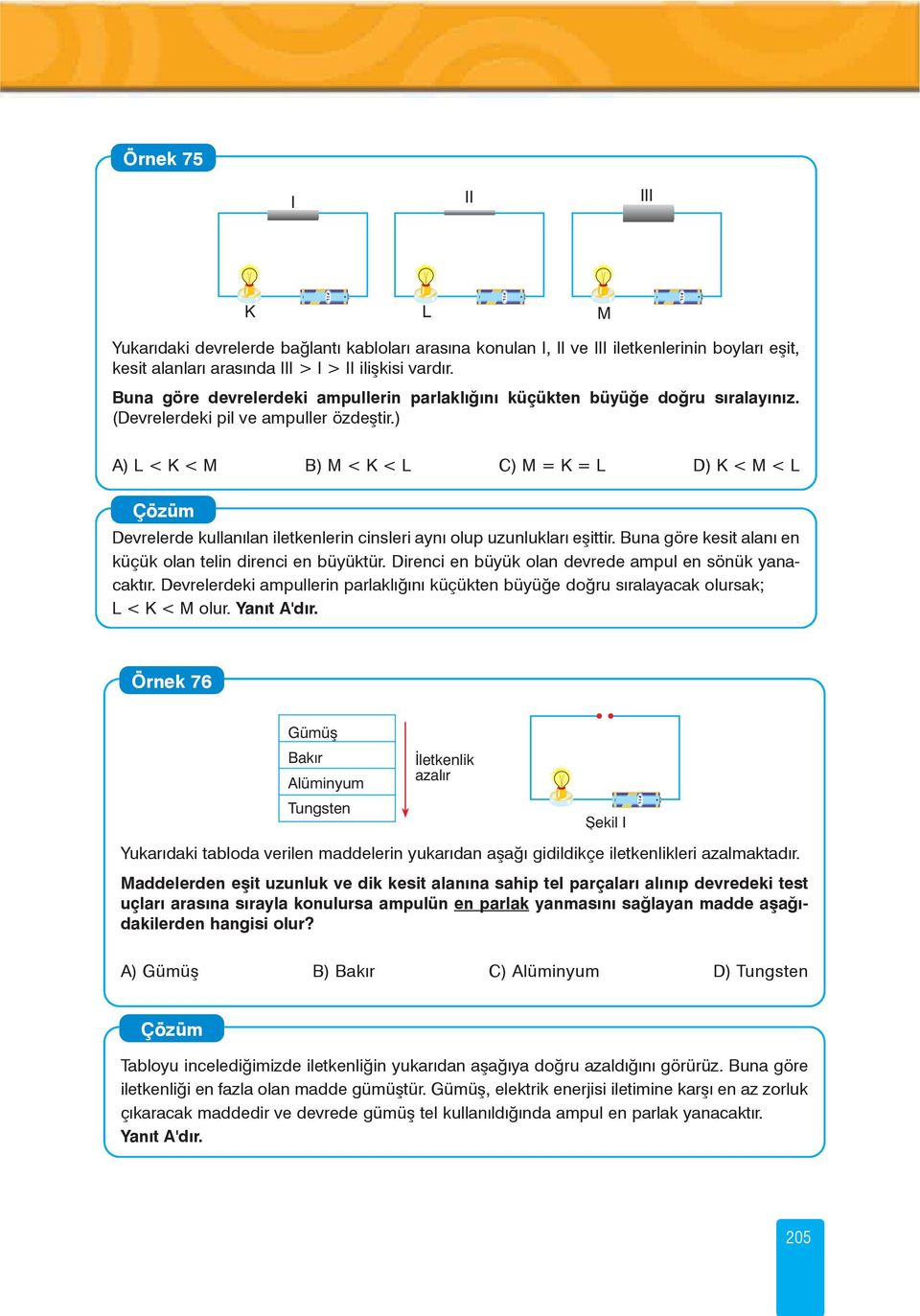 ) A)L<K<M B)M<K<L C)M=K=L D)K<M<L Devrelerde kullanýlan iletkenlerin cinsleri ayný olup uzunluklarý eþittir. Buna göre kesit alaný en küçük olan telin direnci en büyüktür.