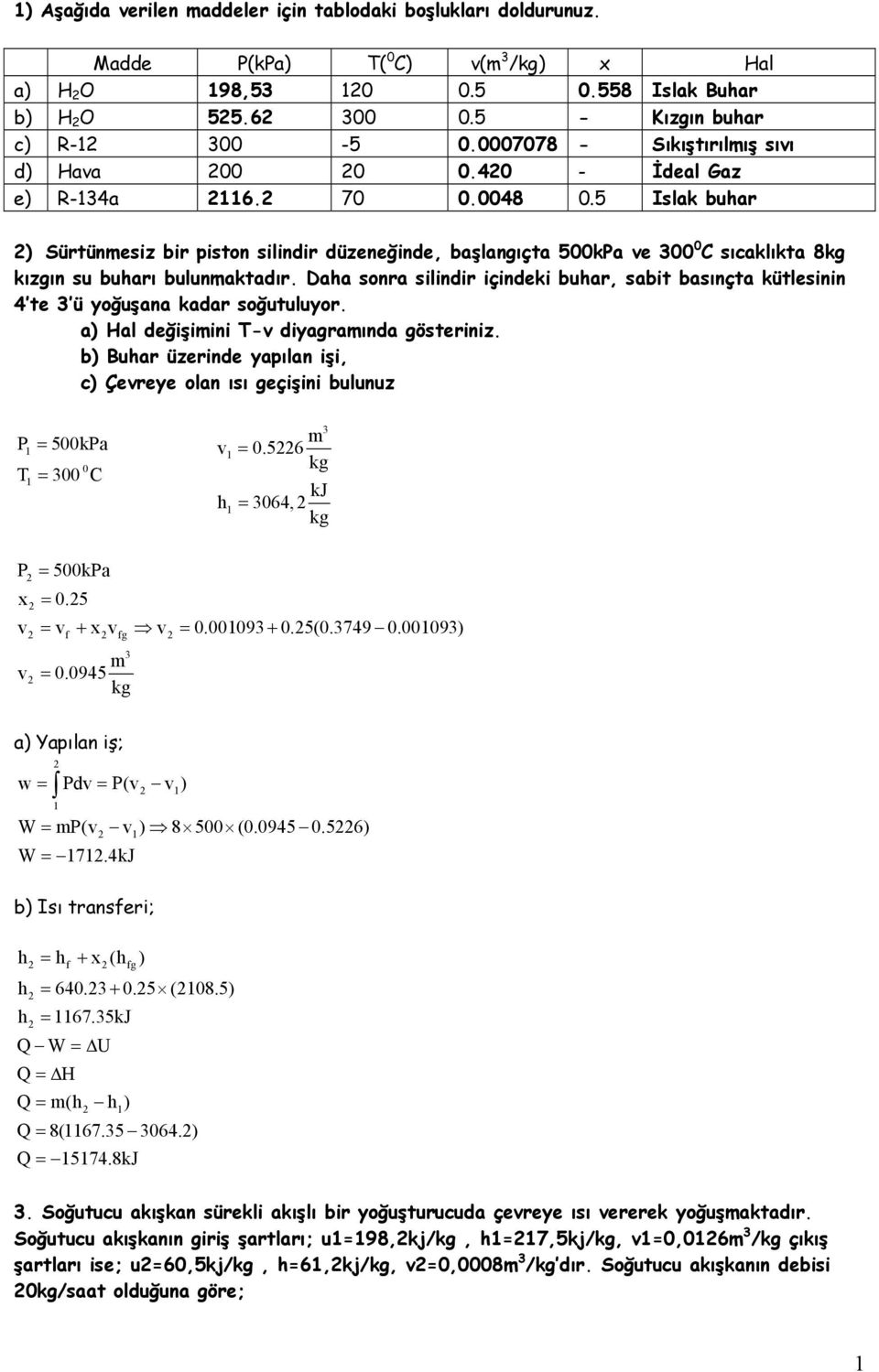 içindeki buhar, sabit basınçta kütlesinin 4 te ü yoğuşana kadar soğutuluyor a) Hal değişiini T- diyagraında gösteriniz b) Buhar üzerinde yapılan işi, c) Çereye olan ısı geçişini bulunuz T 500ka 0 00