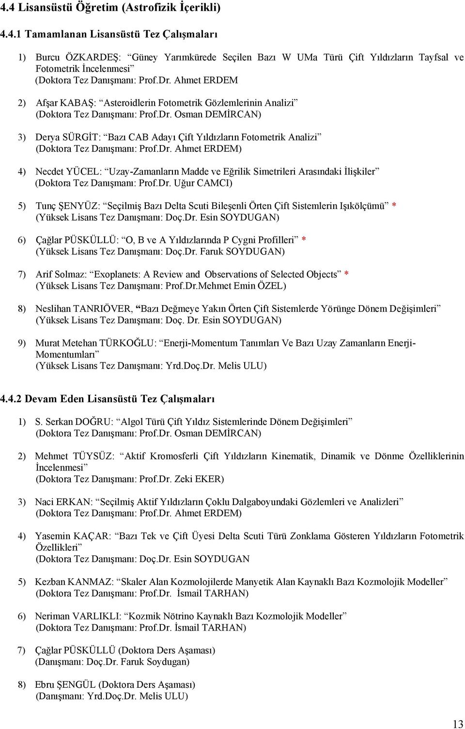 Dr. Ahmet ERDEM) 4) Necdet YÜCEL: Uzay-Zamanların Madde ve Eğrilik Simetrileri Arasındaki İlişkiler (Doktora Tez Danışmanı: Prof.Dr. Uğur CAMCI) 5) Tunç ŞENYÜZ: Seçilmiş Bazı Delta Scuti Bileşenli Örten Çift Sistemlerin Işıkölçümü * (Yüksek Lisans Tez Danışmanı: Doç.