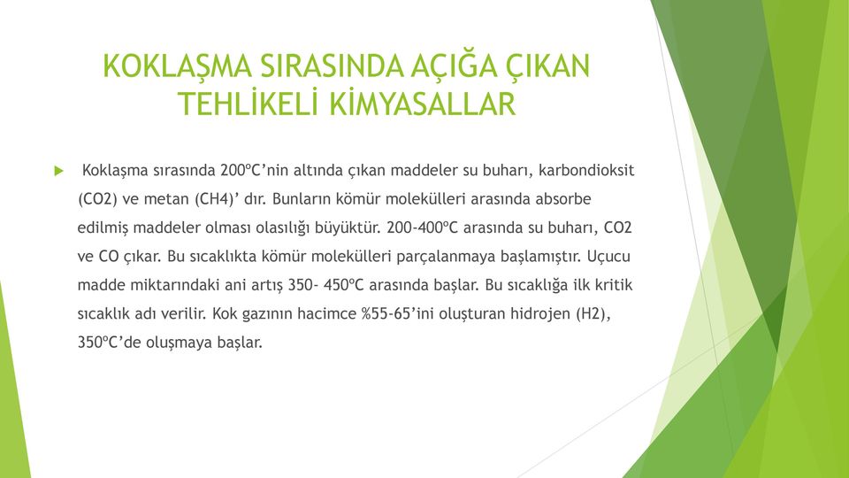 200-400ºC arasında su buharı, CO2 ve CO çıkar. Bu sıcaklıkta kömür molekülleri parçalanmaya başlamıştır.