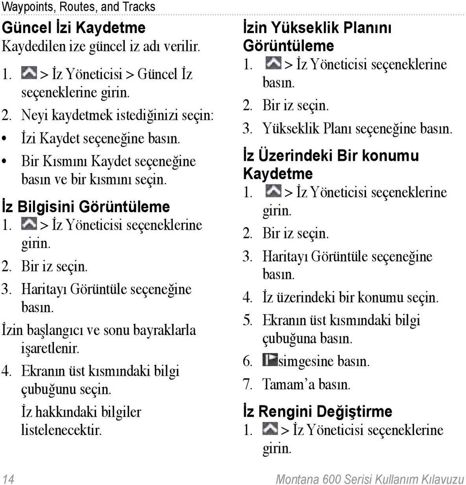 İzin başlangıcı ve sonu bayraklarla işaretlenir. 4. Ekranın üst kısmındaki bilgi çubuğunu seçin. İz hakkındaki bilgiler listelenecektir. İzin Yükseklik Planını Görüntüleme 1.