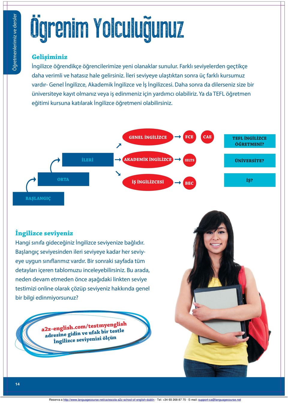 Daha sonra da dilerseniz size bir üniversiteye kayıt olmanız veya iş edinmeniz için yardımcı olabiliriz. Ya da TEFL öğretmen eğitimi kursuna katılarak İngilizce öğretmeni olabilirsiniz.