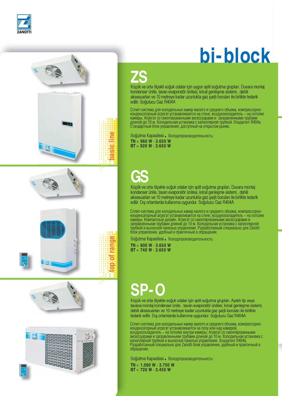 Soğutucu Gaz R404A top of range basic line TN = 960 W - 3.650 W BT = 920 W - 2.650 W GS Küçük ve orta ölçekte soğuk odalar için split soğutma grupları.  Dış ortamlarda kullanıma uygundur.