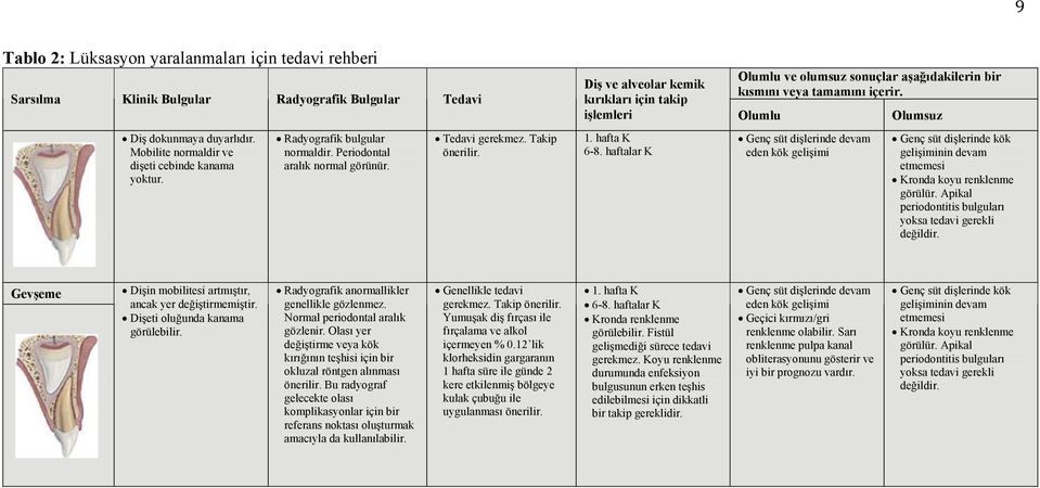 kırıkları için takip işlemleri Olumlu Olumsuz 1. hafta K 6-8. haftalar K Genç süt dişlerinde devam eden kök gelişimi Genç süt dişlerinde kök gelişiminin devam etmemesi Kronda koyu renklenme görülür.