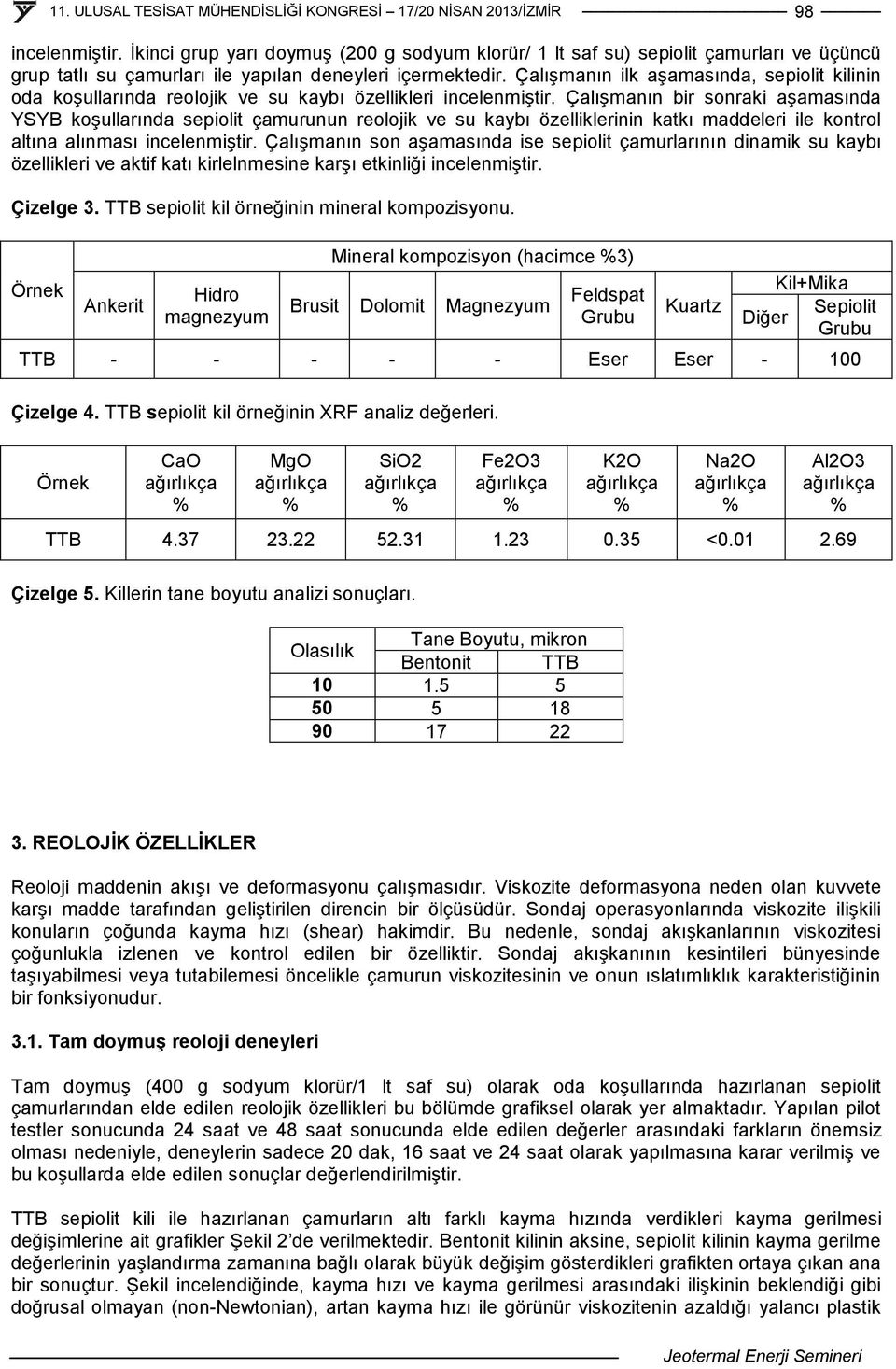 Çalışmanın bir sonraki aşamasında YSYB koşullarında sepiolit çamurunun reolojik ve su kaybı özelliklerinin katkı maddeleri ile kontrol altına alınması incelenmiştir.