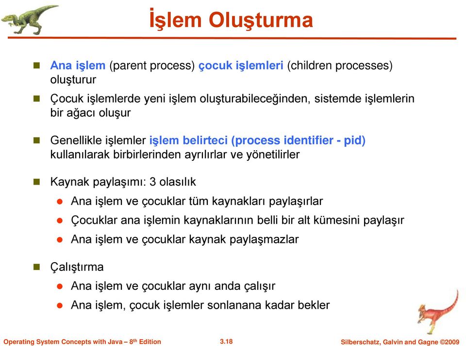 paylaşımı: 3 olasılık Ana işlem ve çocuklar tüm kaynakları paylaşırlar Çocuklar ana işlemin kaynaklarının belli bir alt kümesini paylaşır Ana işlem ve