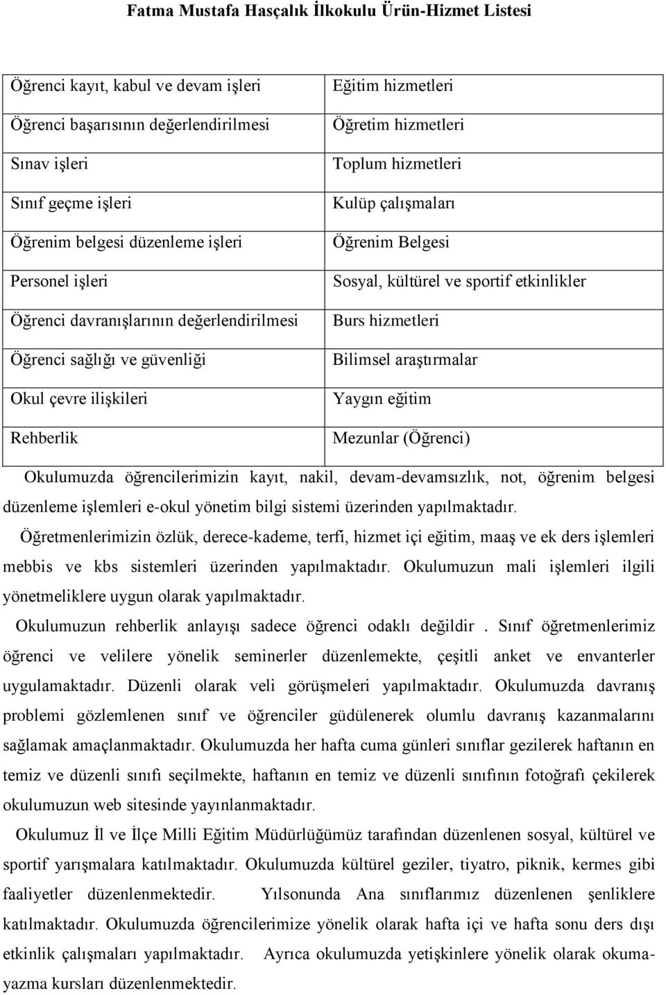 Belgesi Sosyal, kültürel ve sportif etkinlikler Burs hizmetleri Bilimsel araģtırmalar Yaygın eğitim Mezunlar (Öğrenci) Okulumuzda öğrencilerimizin kayıt, nakil, devam-devamsızlık, not, öğrenim