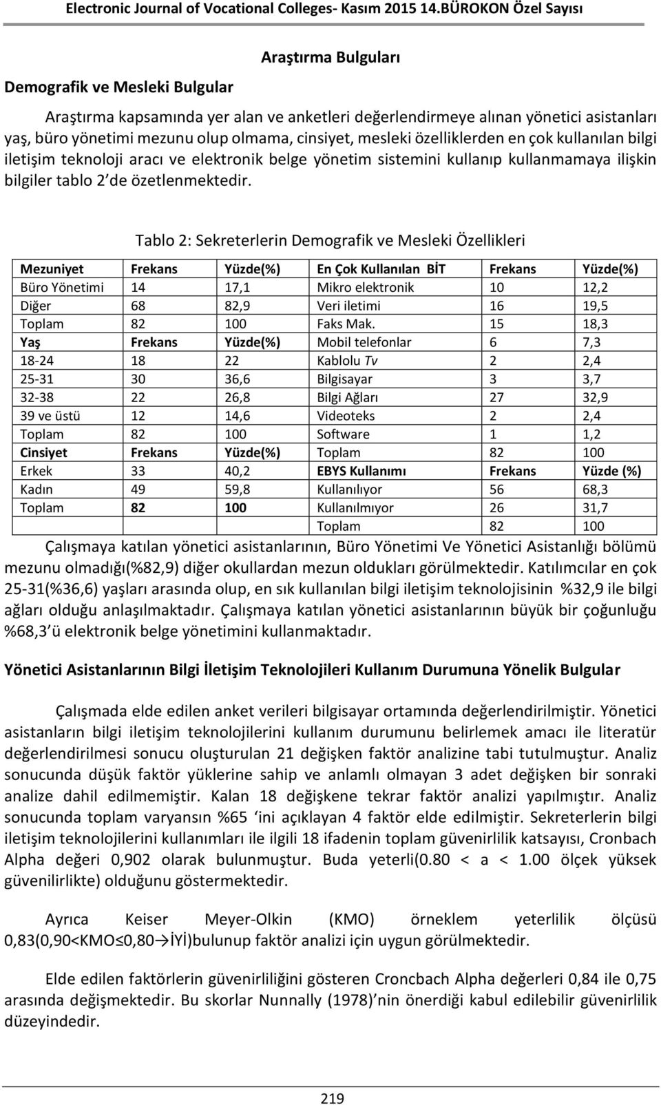 Tablo 2: Sekreterlerin Demografik ve Mesleki Özellikleri Mezuniyet Frekans Yüzde(%) En Çok Kullanılan BİT Frekans Yüzde(%) Büro Yönetimi 14 17,1 Mikro elektronik 10 12,2 Diğer 68 82,9 Veri iletimi 16