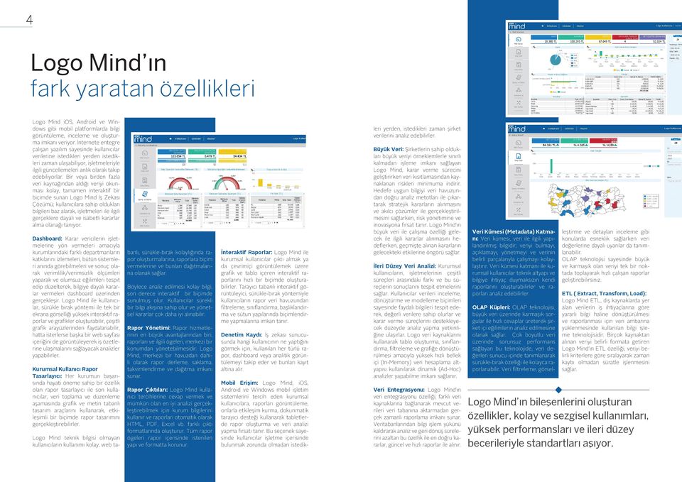 Bir veya birden fazla veri kaynağından aldığı veriyi okunması kolay, tamamen interaktif bir biçimde sunan Logo Mind İş Zekası Çözümü; kullanıcılara sahip oldukları bilgileri baz alarak, işletmeleri
