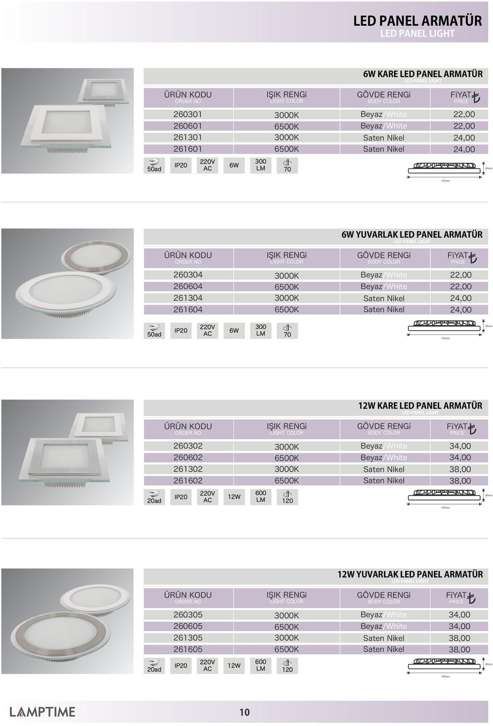 12W KARE PANEL ARMATÜR PANEL LIGHT 260302 260602 34,00 34,00 261302 38,00 261602 38,00 20ad 12W 600 120 40mm 160mm