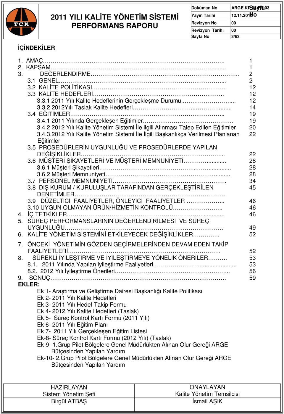 4.3.2012 Yılı Kalite Yönetim Sistemi İle İlgili Başkanlıkça Verilmesi Planlanan 22 Eğitimler 3.5 PROSEDÜRLERİN UYGUNLUĞU VE PROSEDÜRLERDE YAPILAN DEĞİŞİKLİKLER... 22 3.