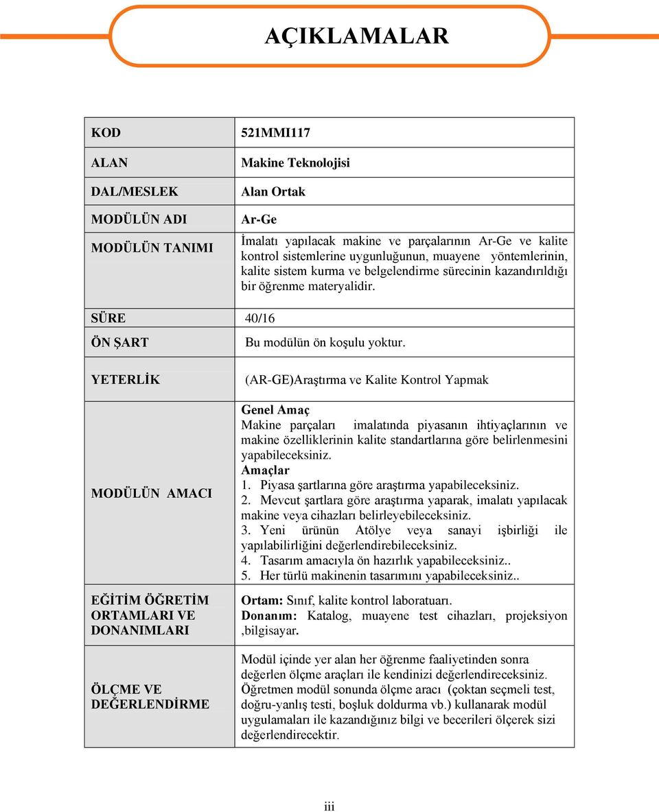 SÜRE 40/16 ÖN ŞART YETERLİK MODÜLÜN AMACI EĞİTİM ÖĞRETİM ORTAMLARI VE DONANIMLARI ÖLÇME VE DEĞERLENDİRME Bu modülün ön koşulu yoktur.