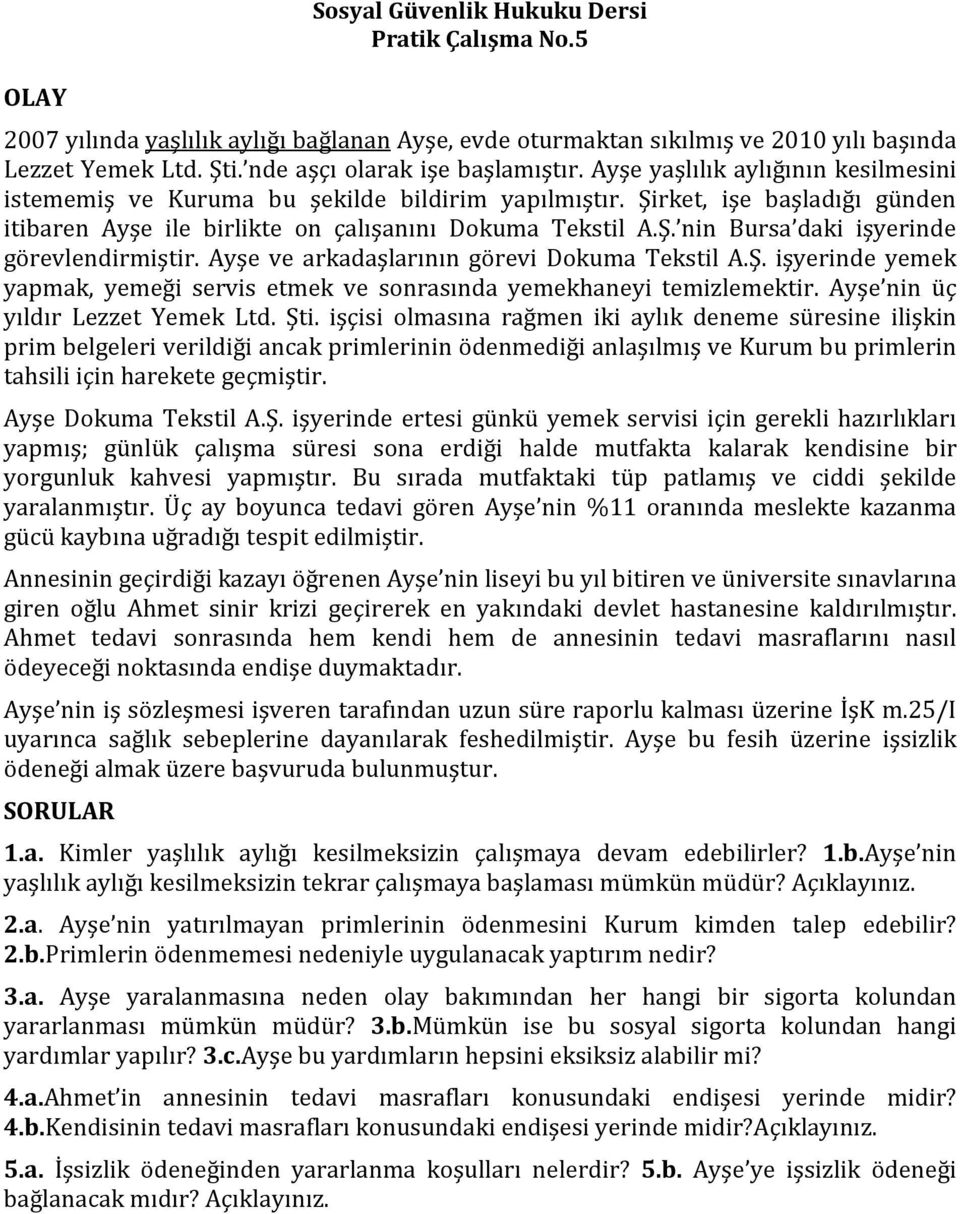 Ayşe ve arkadaşlarının görevi Dokuma Tekstil A.Ş. işyerinde yemek yapmak, yemeği servis etmek ve sonrasında yemekhaneyi temizlemektir. Ayşe nin üç yıldır Lezzet Yemek Ltd. Şti.