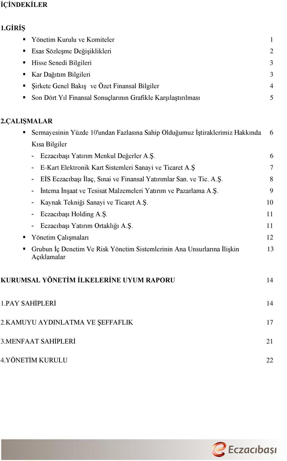 Grafikle Karşılaştırılması 5 2.ÇALIŞMALAR Sermayesinin Yüzde 10'undan Fazlasına Sahip Olduğumuz İştiraklerimiz Hakkında 6 Kısa Bilgiler - Eczacıbaşı Yatırım Menkul Değerler A.Ş. 6 - E-Kart Elektronik Kart Sistemleri Sanayi ve Ticaret A.