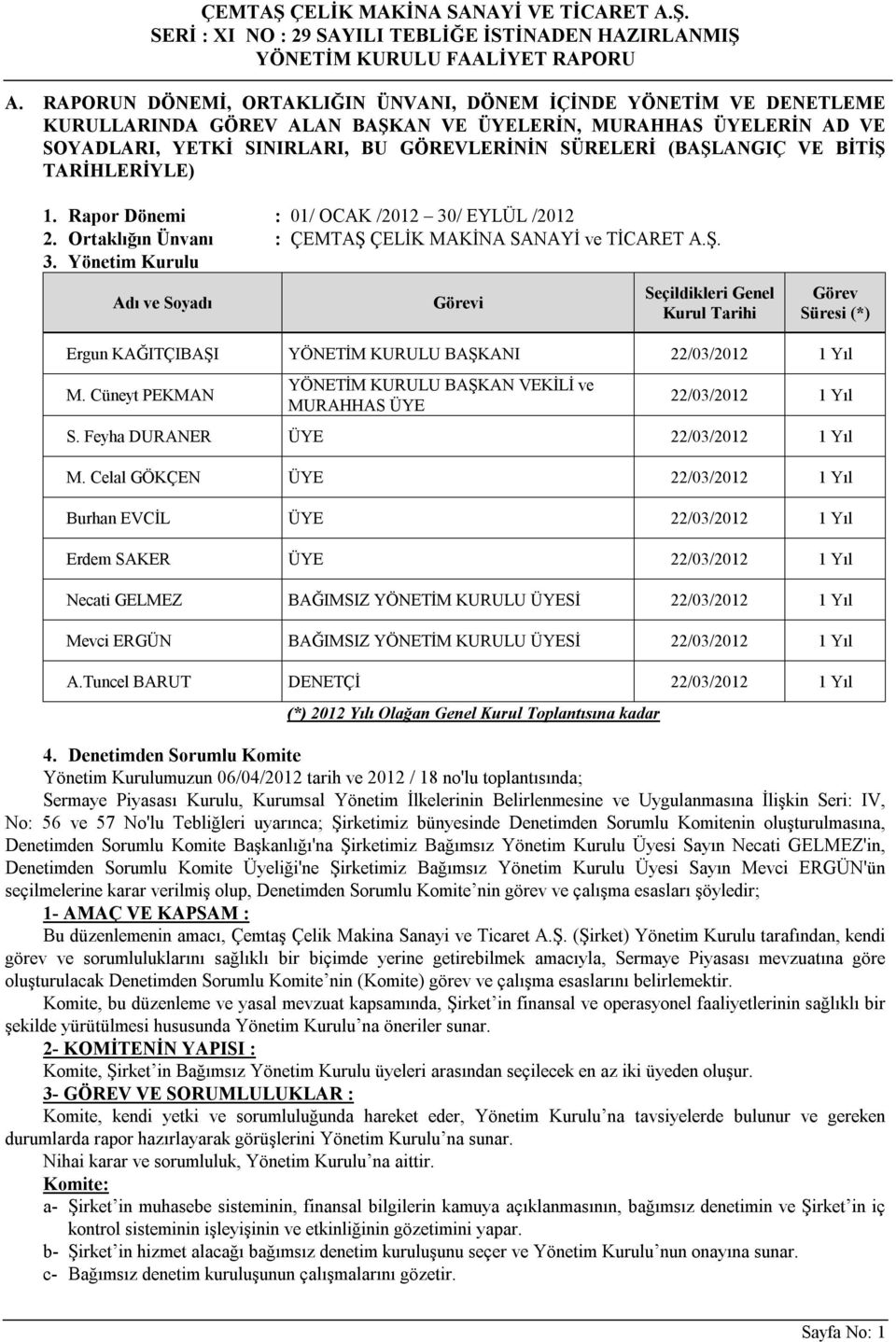 / EYLÜL /2012 2. Ortaklığın Ünvanı : ÇEMTAŞ ÇELİK MAKİNA SANAYİ ve TİCARET A.Ş. 3.