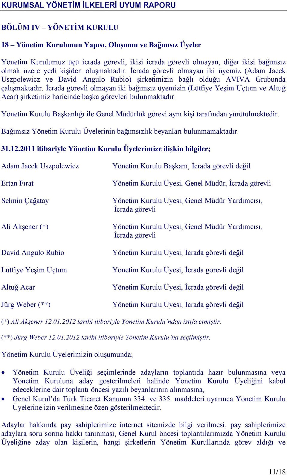 İcrada görevli olmayan iki bağımsız üyemizin (Lütfiye Yeşim Uçtum ve Altuğ Acar) şirketimiz haricinde başka görevleri bulunmaktadır.