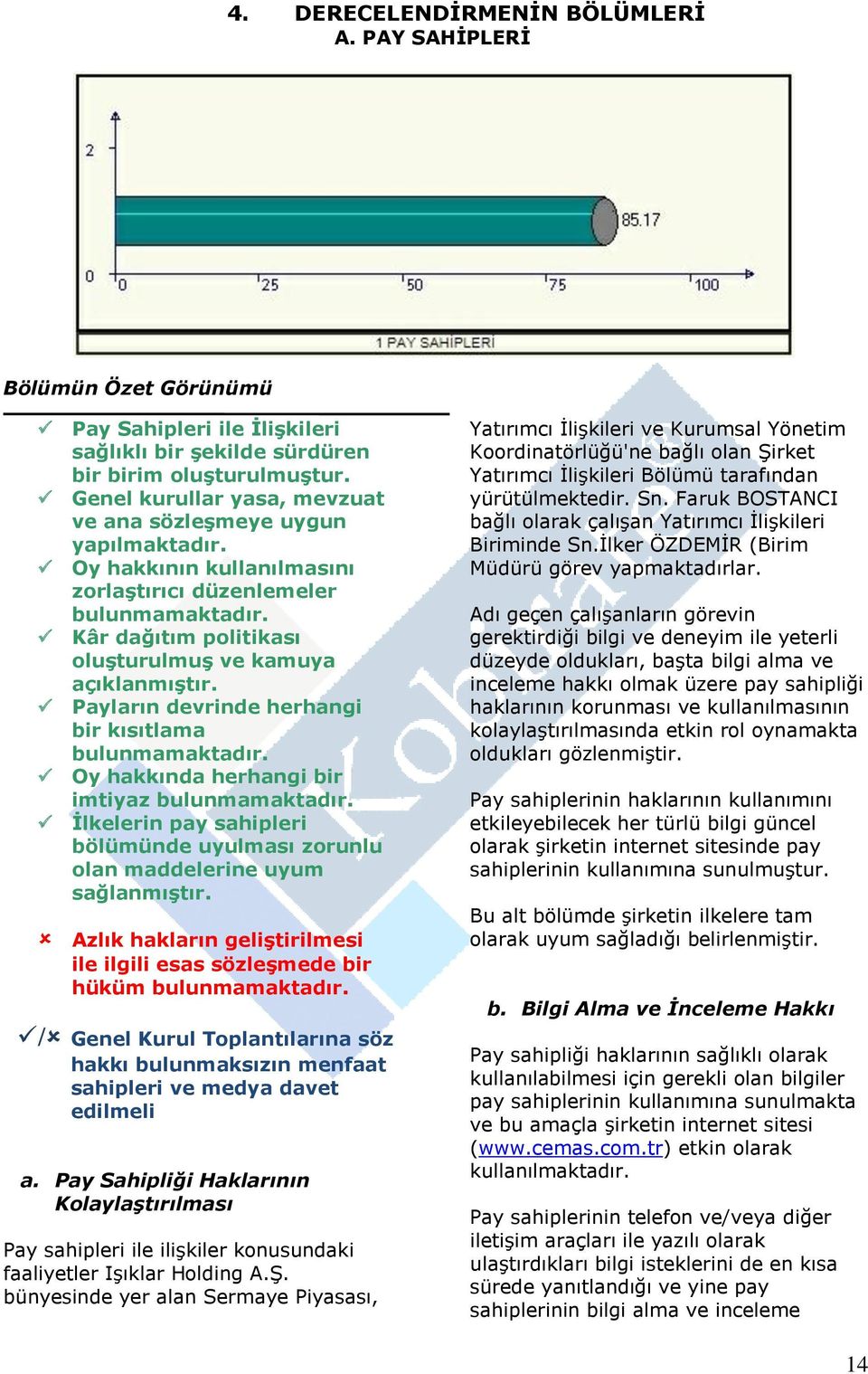 Payların devrinde herhangi bir kısıtlama bulunmamaktadır. Oy hakkında herhangi bir imtiyaz bulunmamaktadır. İlkelerin pay sahipleri bölümünde uyulması zorunlu olan maddelerine uyum sağlanmıştır.