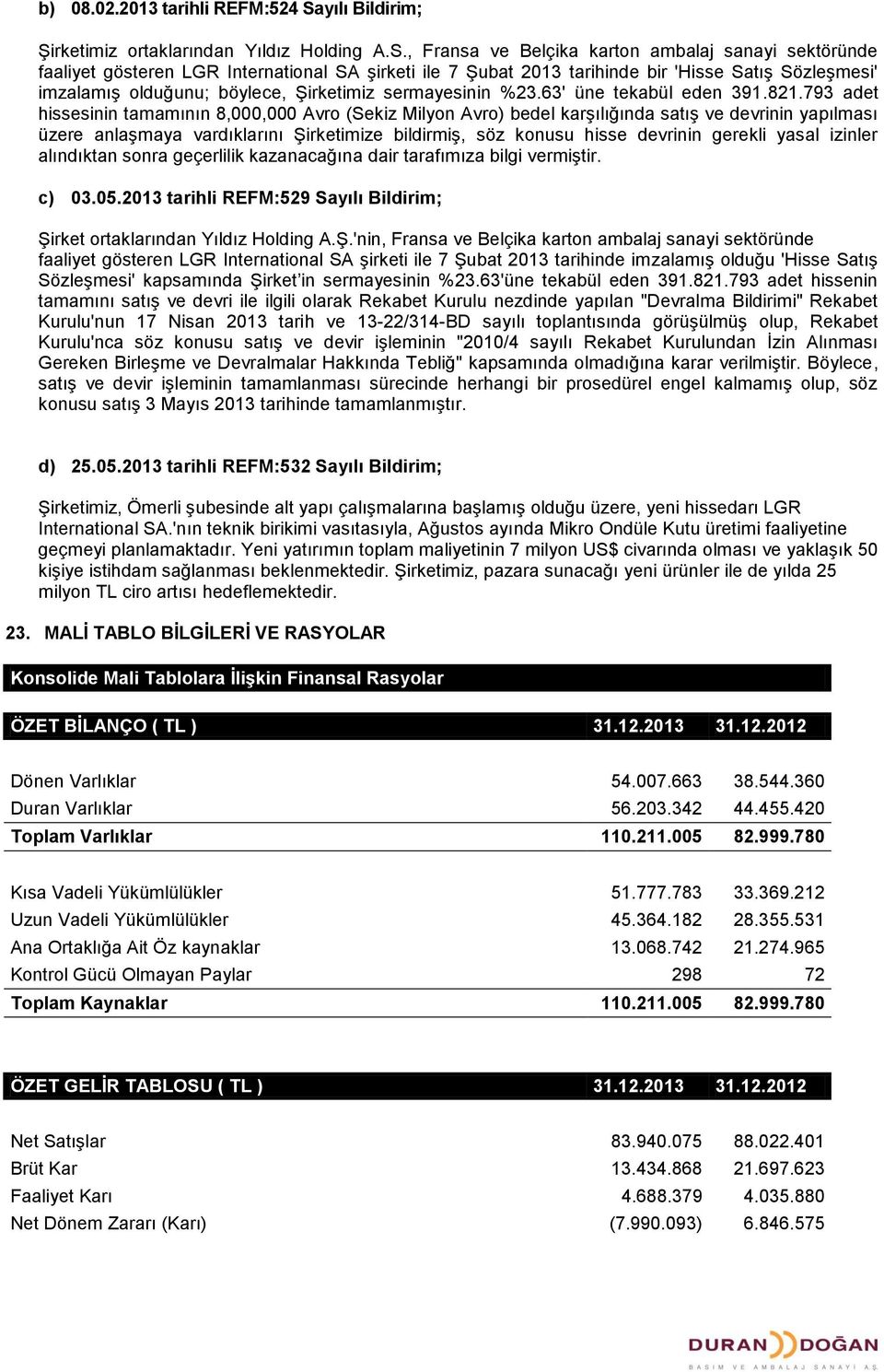 , Fransa ve Belçika karton ambalaj sanayi sektöründe faaliyet gösteren LGR International SA şirketi ile 7 Şubat 2013 tarihinde bir 'Hisse Satış Sözleşmesi' imzalamış olduğunu; böylece, Şirketimiz