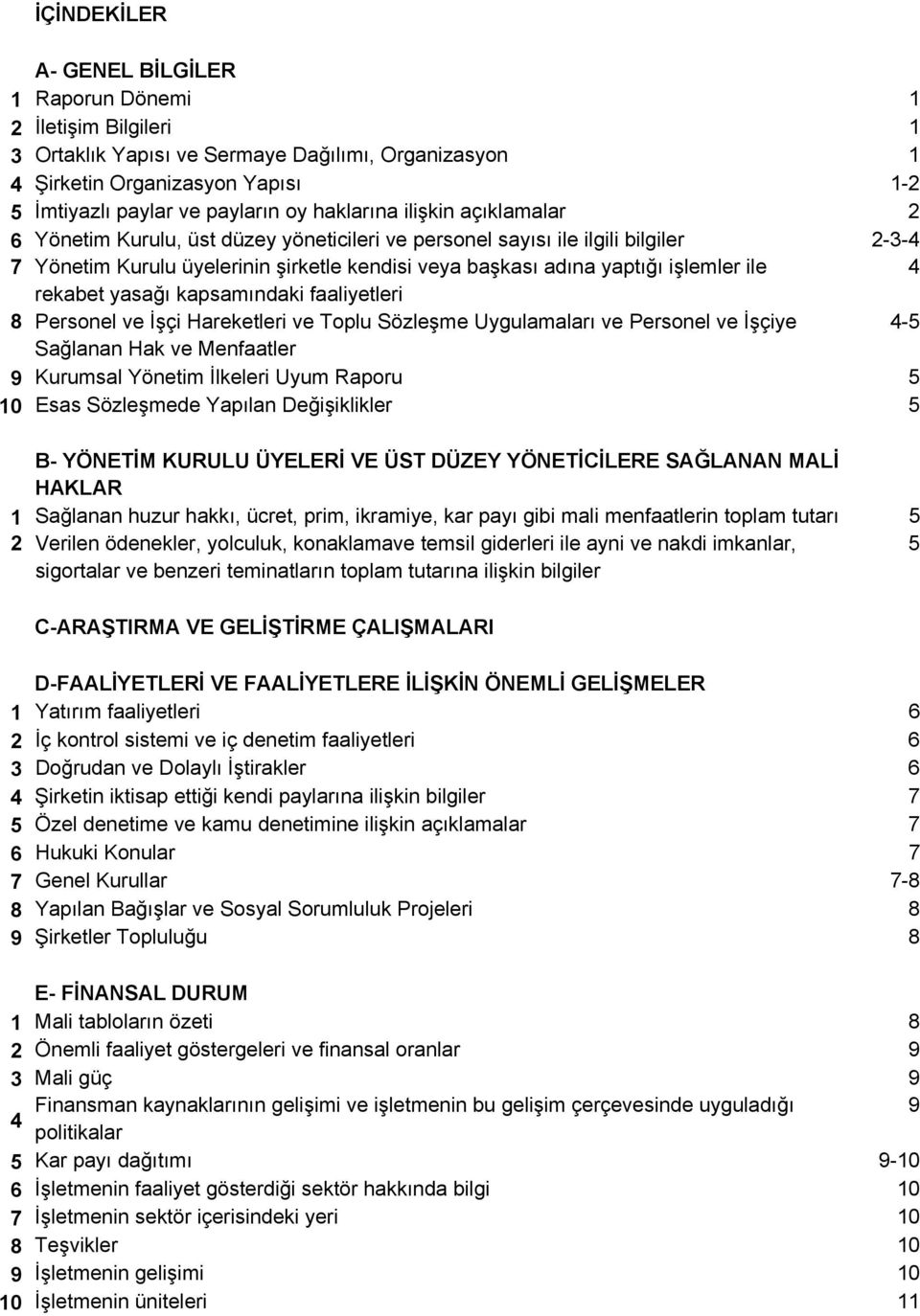 ile 4 rekabet yasağı kapsamındaki faaliyetleri 8 Personel ve İşçi Hareketleri ve Toplu Sözleşme Uygulamaları ve Personel ve İşçiye 4-5 Sağlanan Hak ve Menfaatler 9 Kurumsal Yönetim İlkeleri Uyum