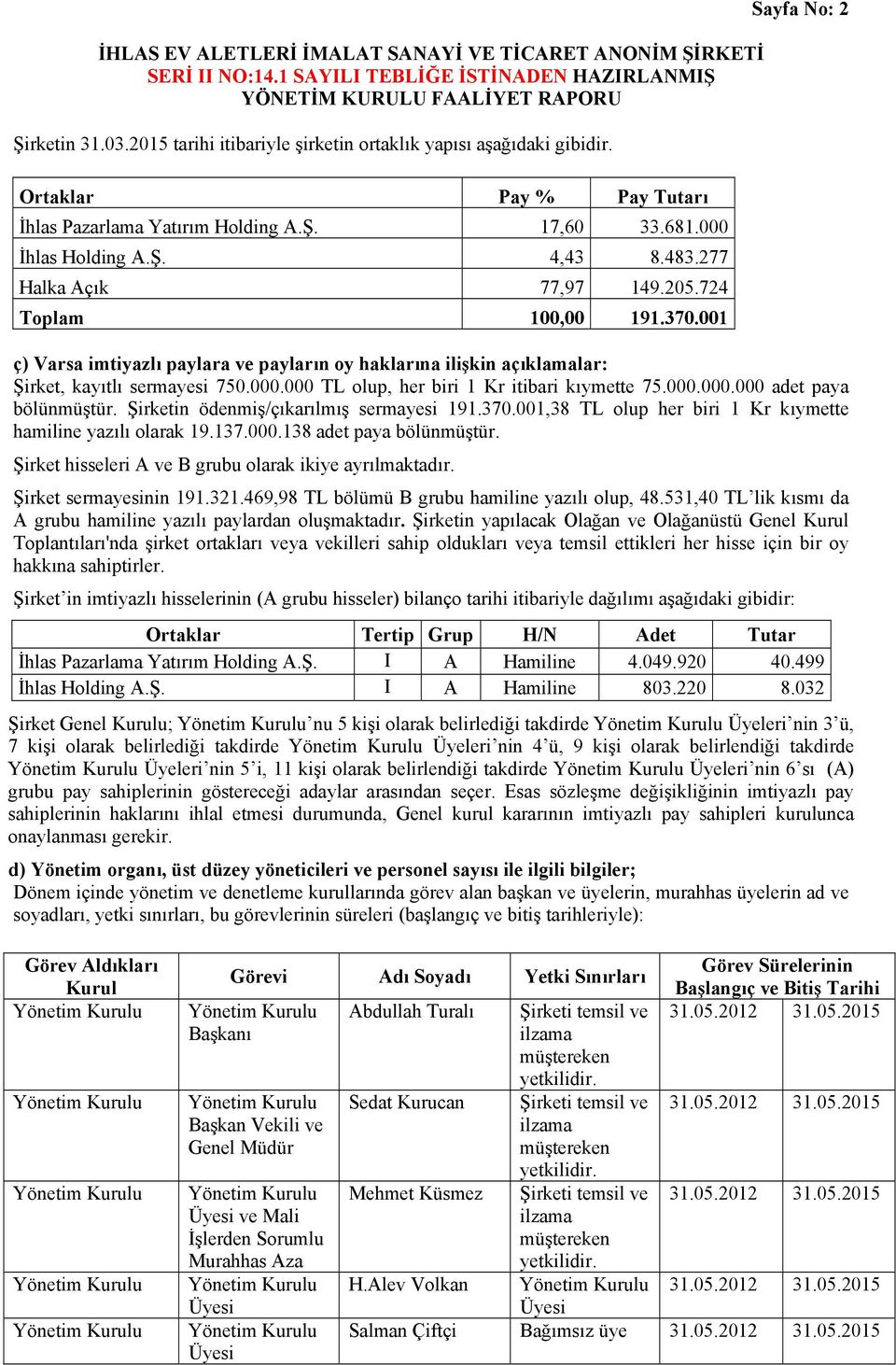 000 TL olup, her biri 1 Kr itibari kıymette 75.000.000.000 adet paya bölünmüştür. Şirketin ödenmiş/çıkarılmış sermayesi 191.370.001,38 TL olup her biri 1 Kr kıymette hamiline yazılı olarak 19.137.000.138 adet paya bölünmüştür.