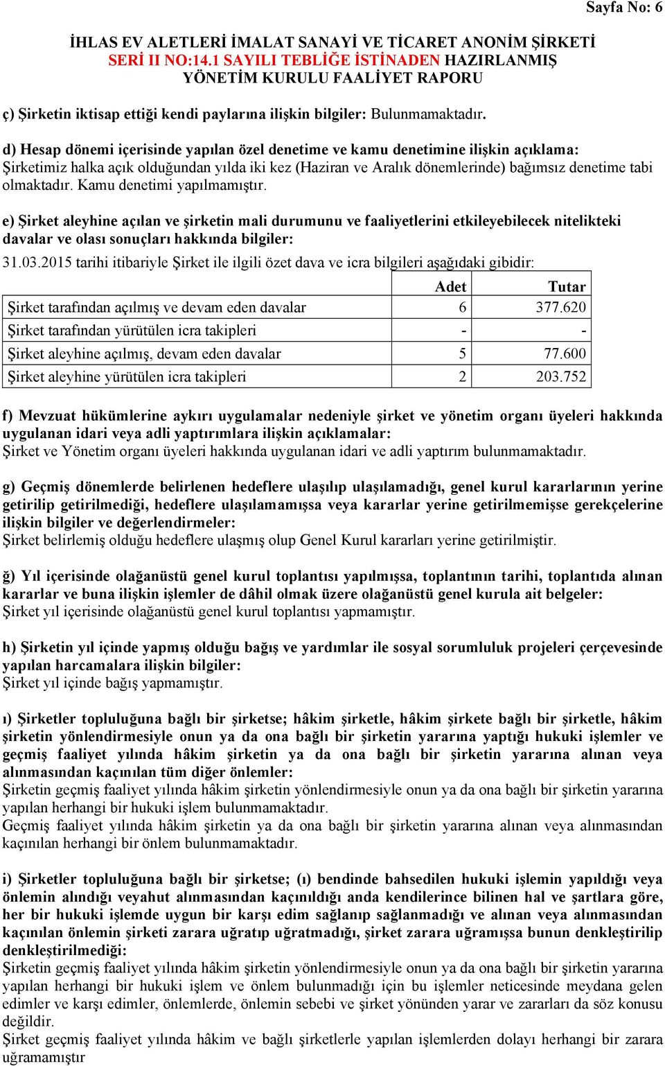 tabi olmaktadır. Kamu denetimi yapılmamıştır. e) Şirket aleyhine açılan ve şirketin mali durumunu ve faaliyetlerini etkileyebilecek nitelikteki davalar ve olası sonuçları hakkında bilgiler: 31.03.