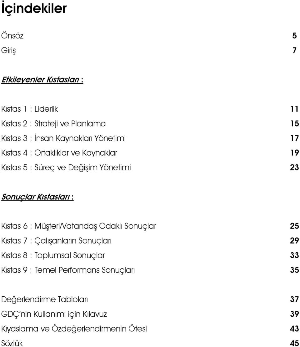 6 : Müşteri/Vatandaş Odaklı Sonuçlar 25 Kıstas 7 : Çalışanların Sonuçları 29 Kıstas 8 : Toplumsal Sonuçlar 33 Kıstas 9 : Temel