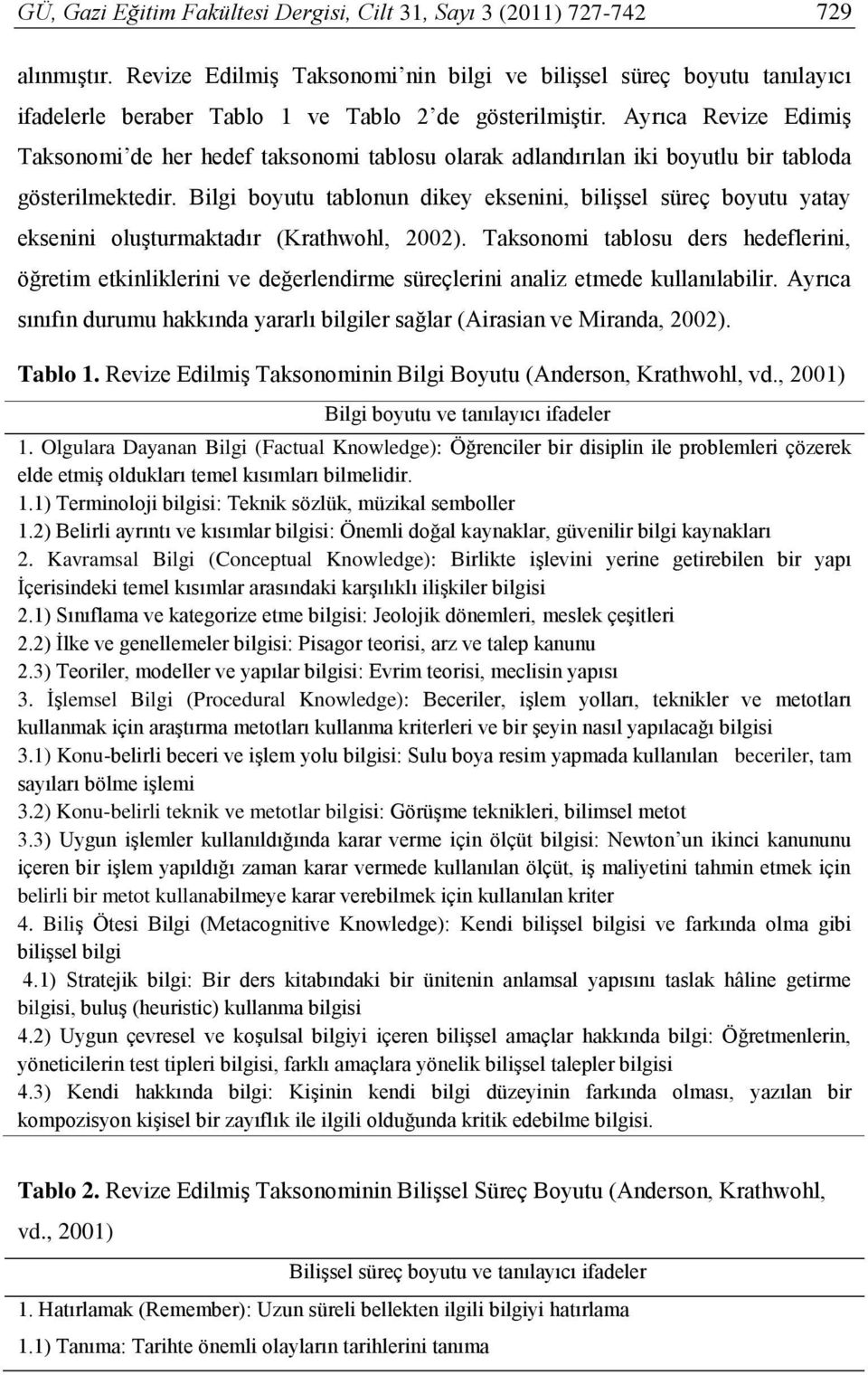 Ayrıca Revize Edimiş Taksonomi de her hedef taksonomi tablosu olarak adlandırılan iki boyutlu bir tabloda gösterilmektedir.