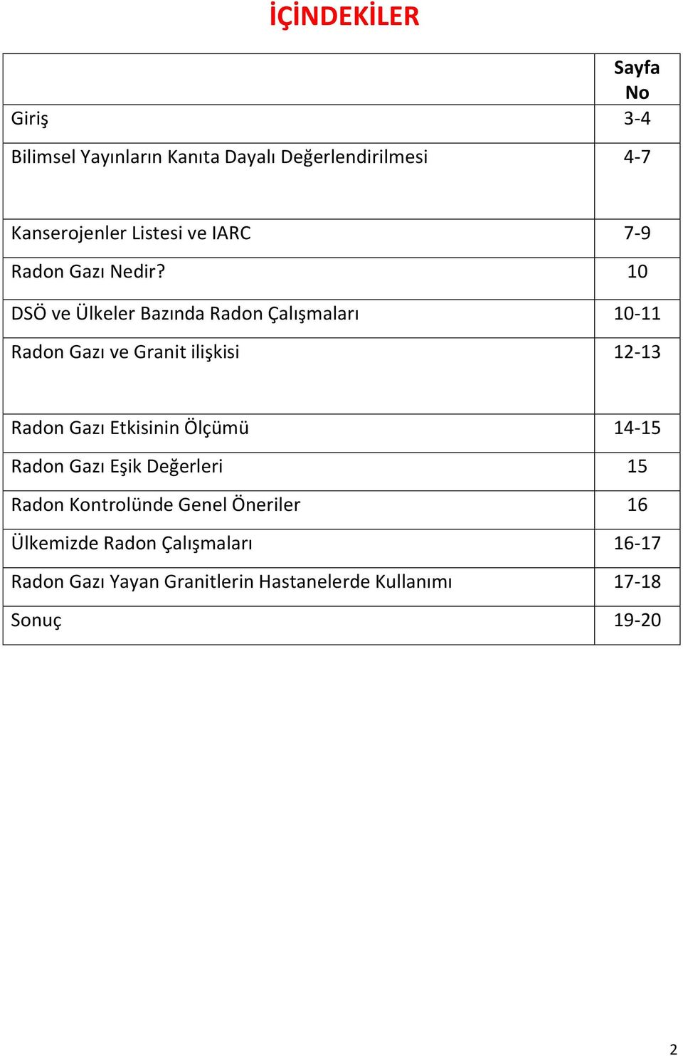 10 DSÖ ve Ülkeler Bazında Radon Çalışmaları 10-11 Radon Gazı ve Granit ilişkisi 12-13 Radon Gazı Etkisinin