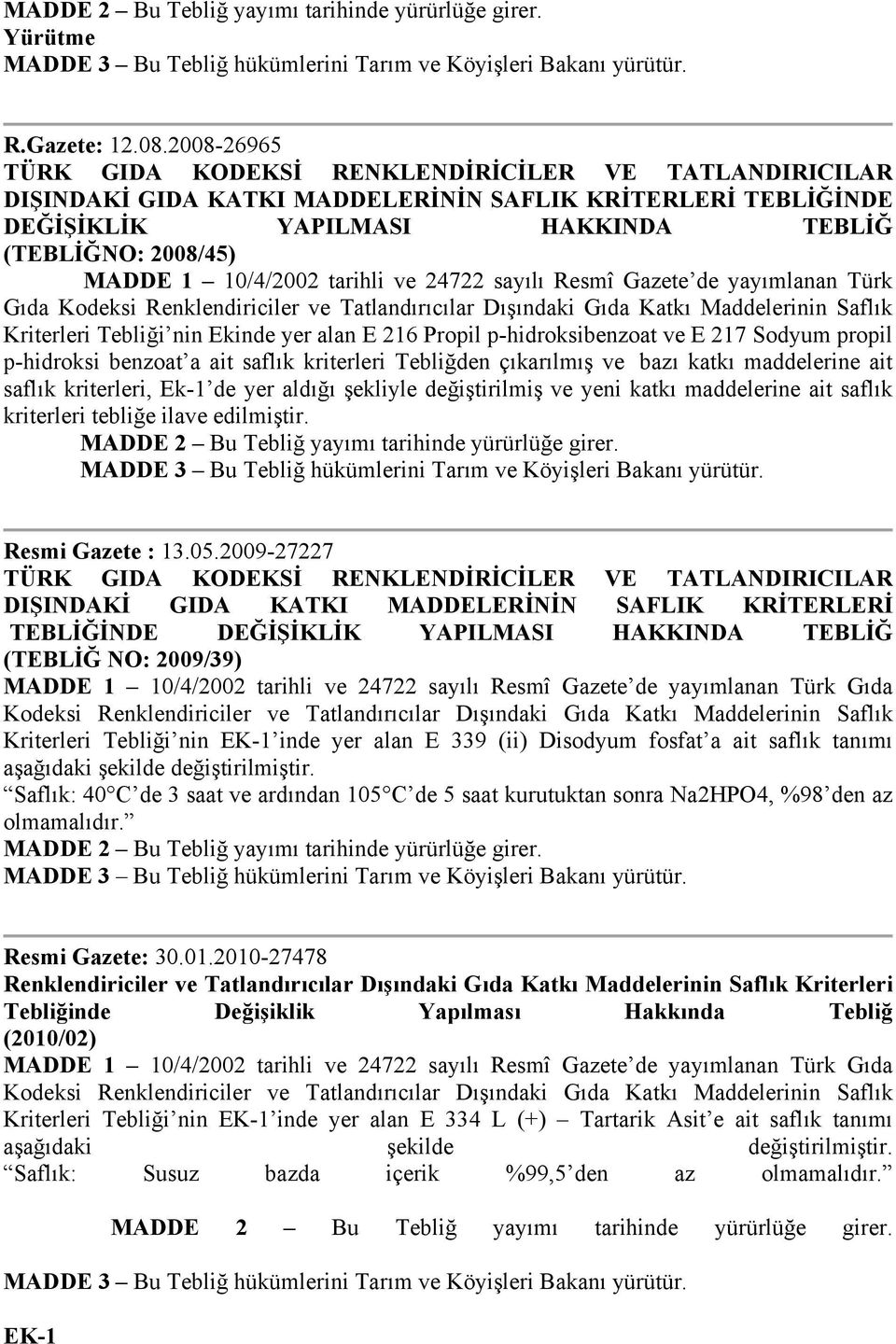 10/4/2002 tarihli ve 24722 sayılı Resmî Gazete de yayımlanan Türk Gıda Kodeksi Renklendiriciler ve Tatlandırıcılar Dışındaki Gıda Katkı Maddelerinin Saflık Kriterleri Tebliği nin Ekinde yer alan E