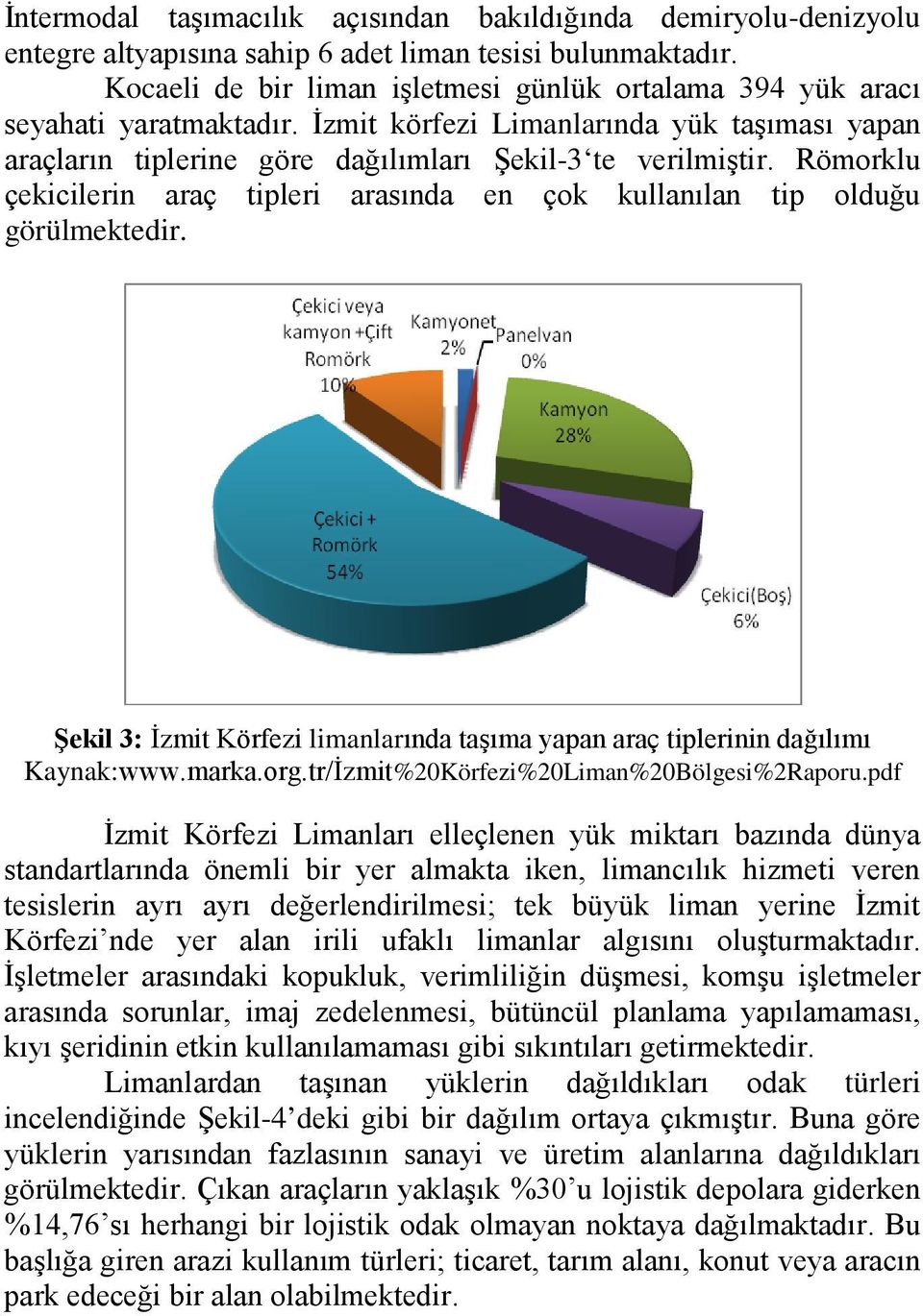 Römorklu çekicilerin araç tipleri arasında en çok kullanılan tip olduğu görülmektedir. Şekil 3: İzmit Körfezi limanlarında taşıma yapan araç tiplerinin dağılımı Kaynak:www.marka.org.