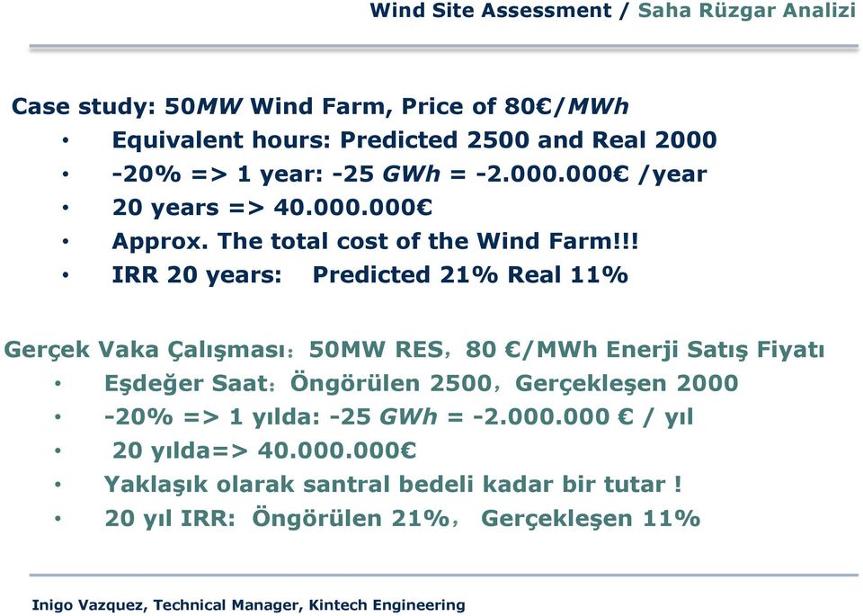 !! IRR 20 years: Predicted 21% Real 11% Gerçek Vaka Çalışması:50MW RES,80 /MWh Enerji Satış Fiyatı Eşdeğer Saat:Öngörülen