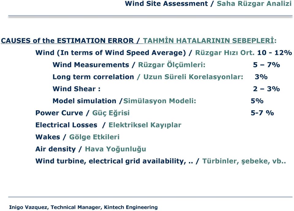 10-12% Wind Measurements / Rüzgar Ölçümleri: 5 7% Long term correlation / Uzun Süreli Korelasyonlar: 3% Wind Shear : 2 3% Model