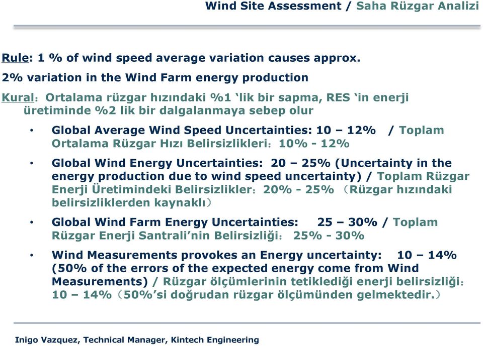 10 12% / Toplam Ortalama Rüzgar Hızı Belirsizlikleri:10% - 12% Global Wind Energy Uncertainties: 20 25% (Uncertainty in the energy production due to wind speed uncertainty) / Toplam Rüzgar Enerji